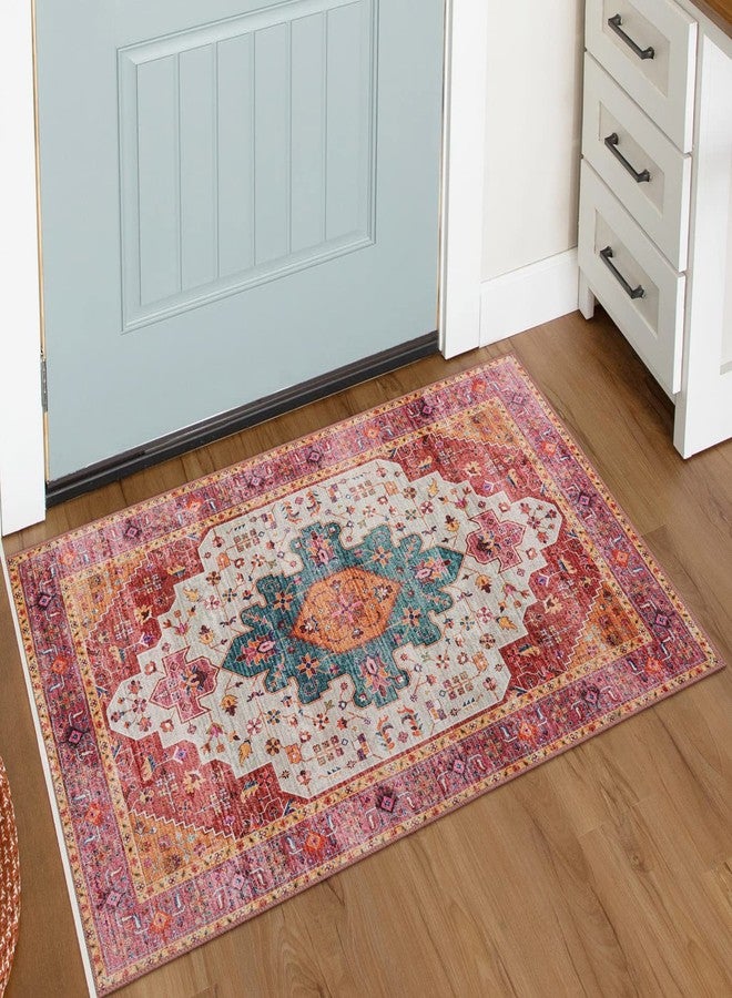 Moynesa Ultra-Thin Washable Pink Area Rug - 2x3 Small Pink Washable Bedroom Rug Entry Mat, Vintage Non-Slip Non-Shedding Low Pile Indoor Throw Carpet for Laundry Living Room Hardwood Floors Kitchen - Image 1